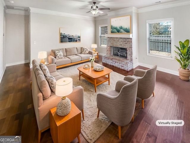 living room featuring a fireplace, plenty of natural light, and dark wood-type flooring