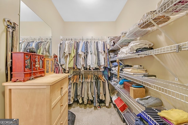 walk in closet featuring carpet flooring