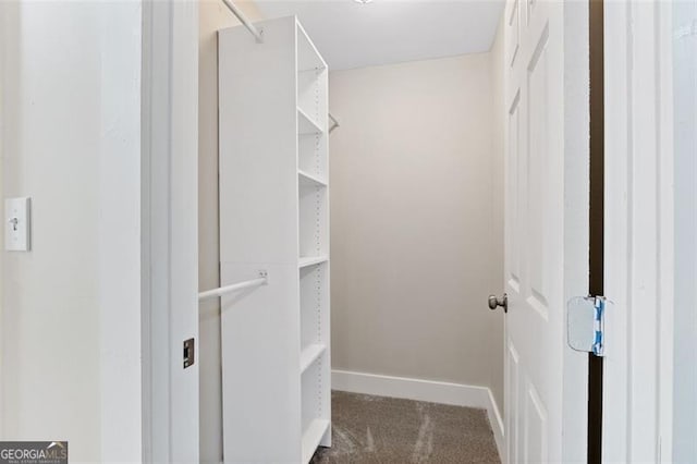 walk in closet with dark carpet