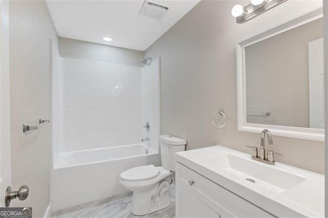 full bathroom with shower / tub combination, vanity, and toilet