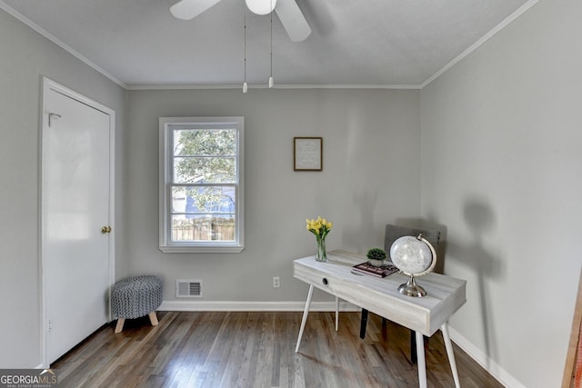 office area featuring ceiling fan, hardwood / wood-style flooring, and crown molding