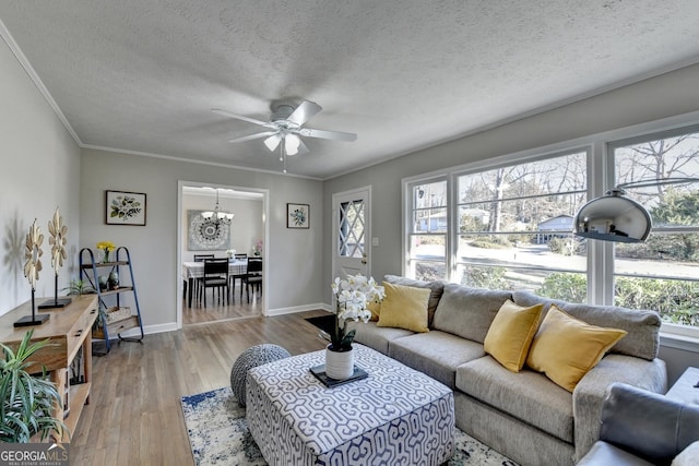 living room featuring a textured ceiling, light hardwood / wood-style flooring, crown molding, and ceiling fan with notable chandelier