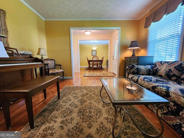 living room with crown molding, wood-type flooring, and a textured ceiling