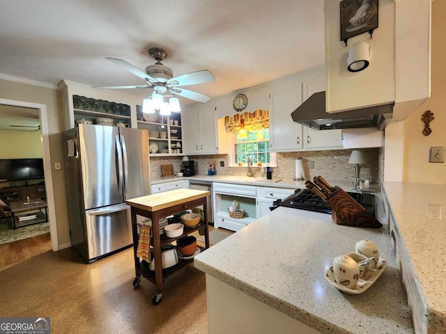 kitchen with custom exhaust hood, ceiling fan, light stone counters, white cabinetry, and stainless steel appliances