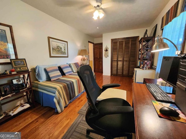 office featuring hardwood / wood-style flooring and ceiling fan