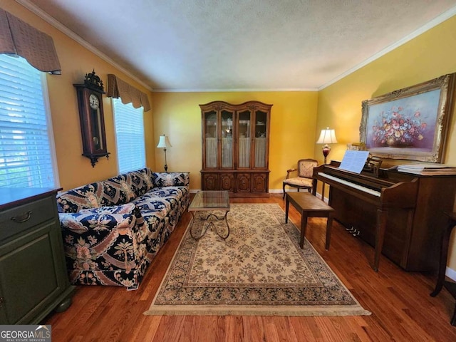 living room with hardwood / wood-style floors, a textured ceiling, and ornamental molding