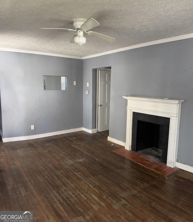 unfurnished living room with ornamental molding, dark wood-type flooring, and ceiling fan