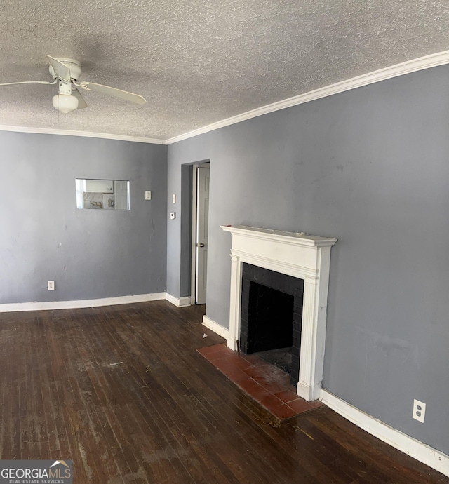 unfurnished living room with ceiling fan, crown molding, and dark hardwood / wood-style floors