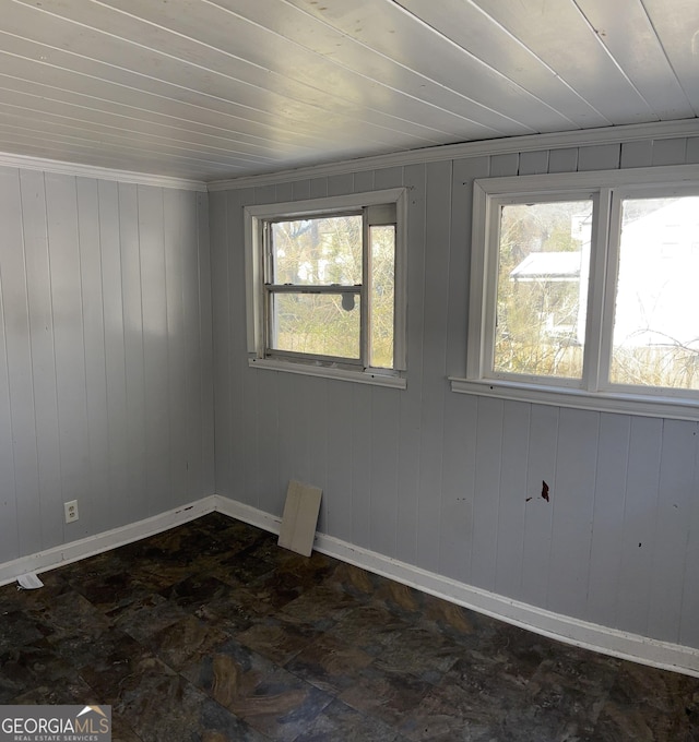 unfurnished room featuring ornamental molding and wood walls