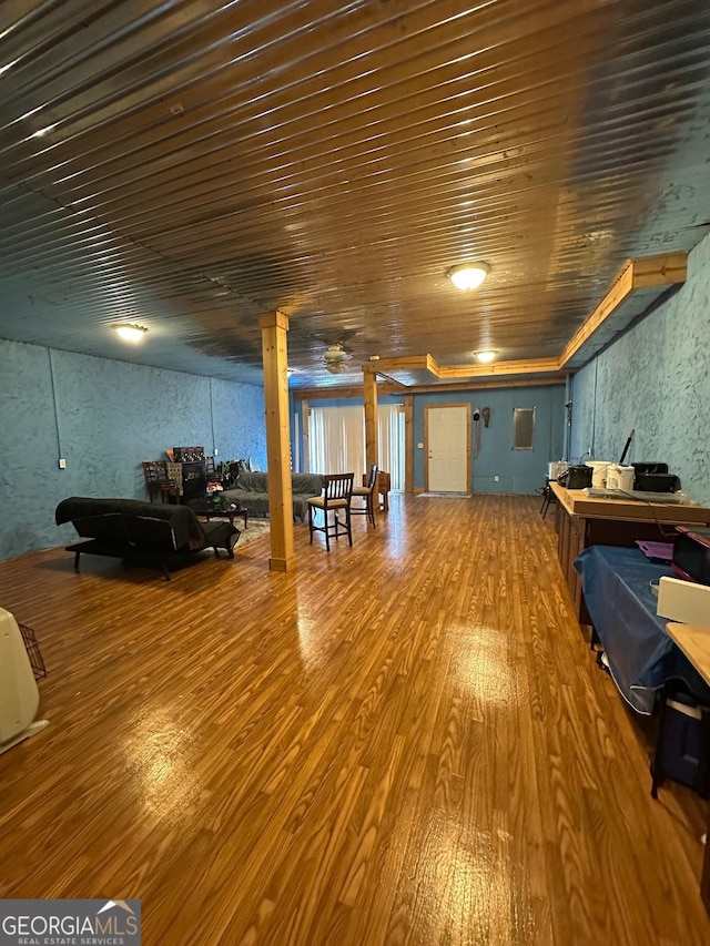 miscellaneous room featuring hardwood / wood-style flooring, pool table, and wood ceiling