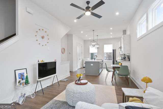 living room with ceiling fan, sink, and dark wood-type flooring