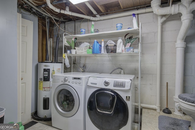 laundry room featuring water heater, laundry area, and washing machine and clothes dryer