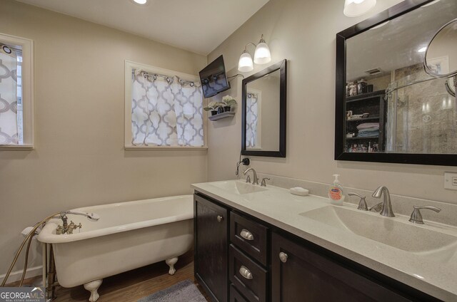 bathroom featuring a stall shower, a soaking tub, a sink, and double vanity