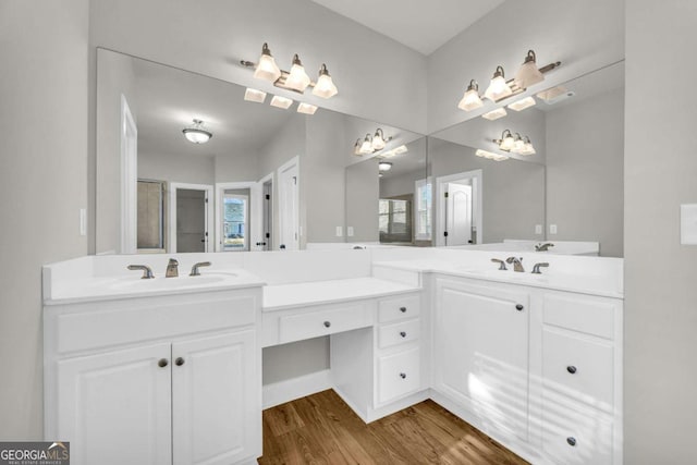 bathroom featuring a shower with shower door, vanity, and wood-type flooring