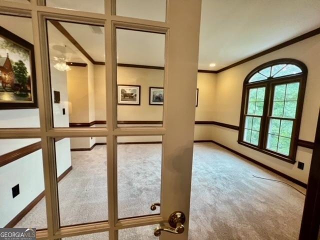 interior space featuring crown molding and carpet