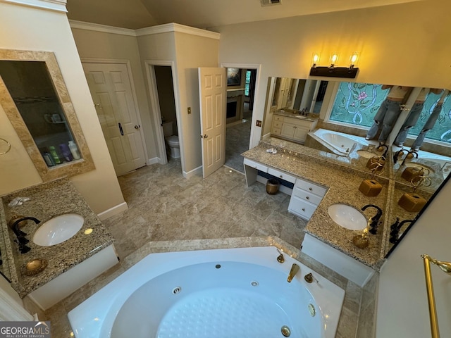 bathroom with a bath, vanity, and toilet