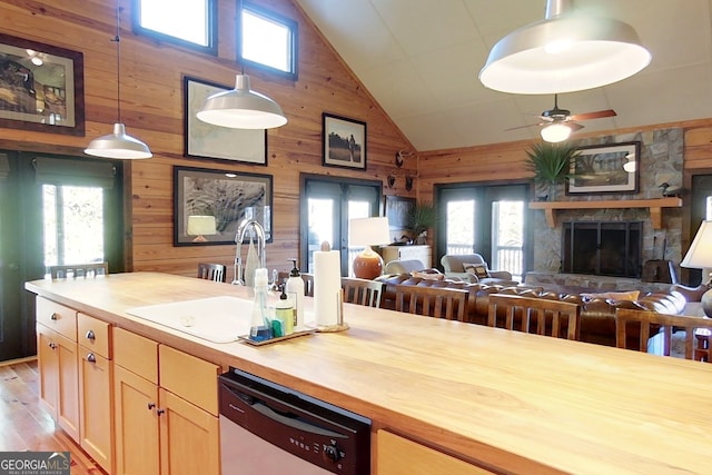 kitchen featuring sink, hanging light fixtures, stainless steel dishwasher, butcher block countertops, and wood walls