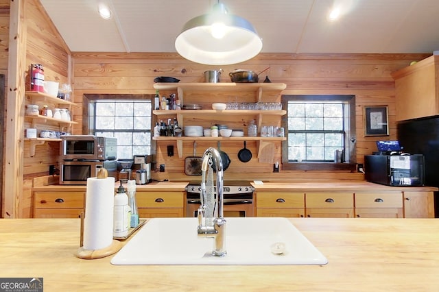 kitchen featuring wood counters, lofted ceiling, stainless steel appliances, and wooden walls