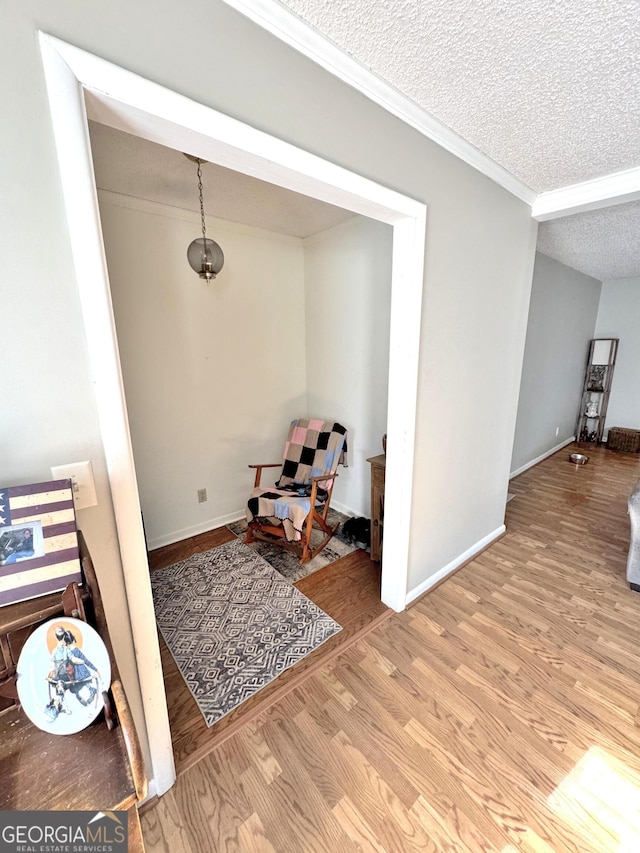 sitting room featuring crown molding, light hardwood / wood-style flooring, and a textured ceiling