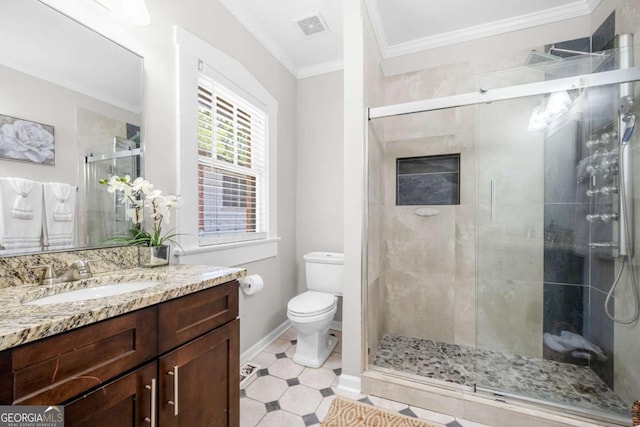 bathroom with vanity, toilet, an enclosed shower, and crown molding