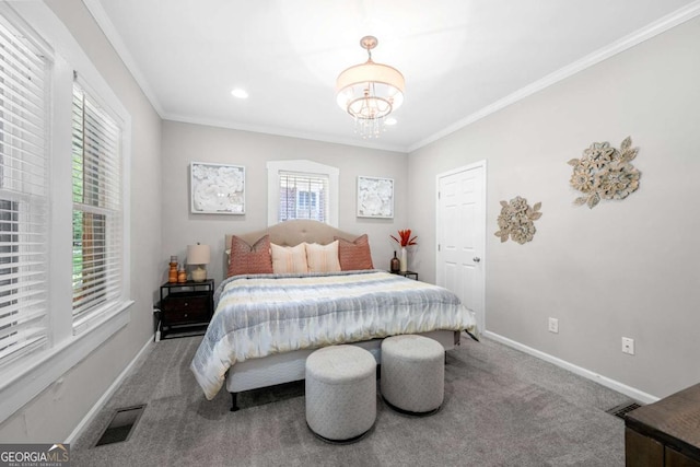 bedroom featuring carpet, a notable chandelier, and ornamental molding