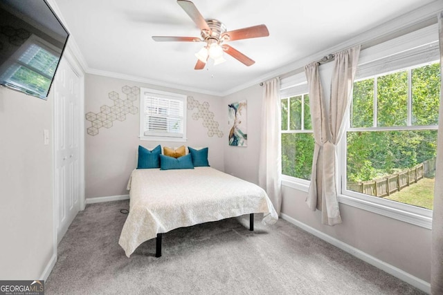 carpeted bedroom with ceiling fan, ornamental molding, and a closet