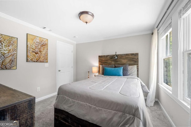 bedroom with crown molding and carpet floors