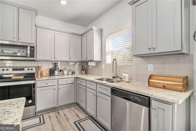 kitchen with sink, decorative backsplash, light wood-type flooring, and appliances with stainless steel finishes