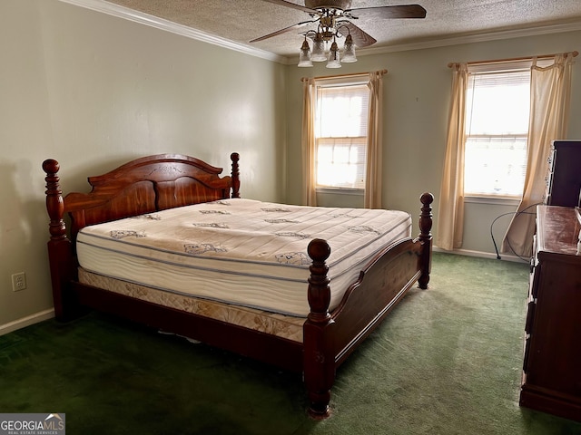 carpeted bedroom with ornamental molding, ceiling fan, and a textured ceiling