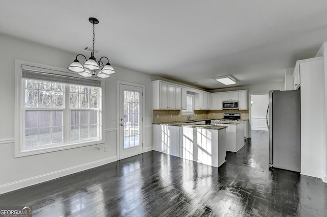 kitchen with white cabinetry, sink, kitchen peninsula, decorative backsplash, and appliances with stainless steel finishes