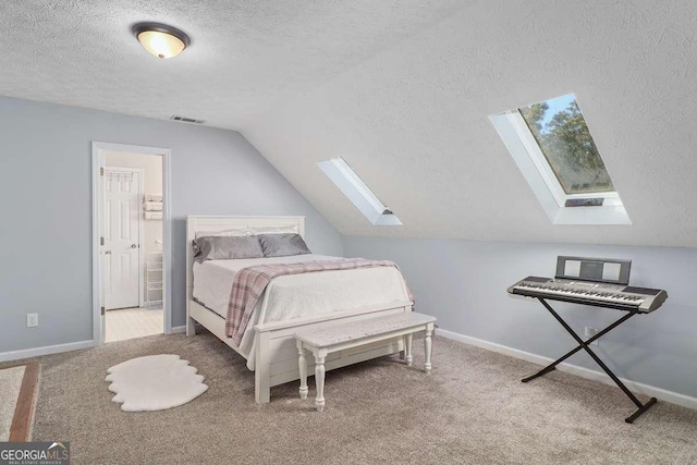 carpeted bedroom featuring lofted ceiling and a textured ceiling