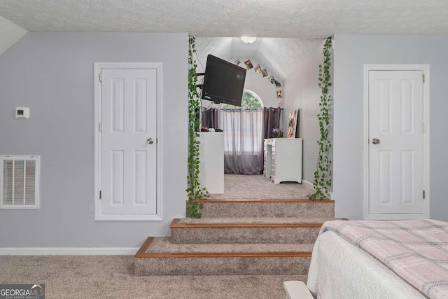 carpeted bedroom featuring lofted ceiling and a textured ceiling