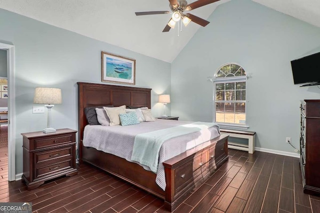 bedroom featuring high vaulted ceiling and ceiling fan