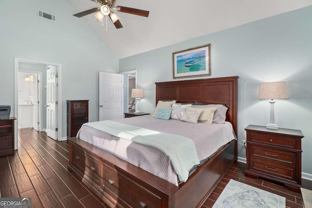 bedroom with ensuite bath, high vaulted ceiling, and ceiling fan