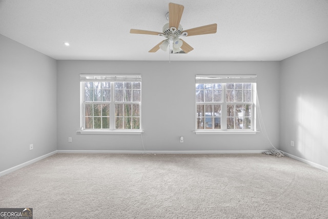 unfurnished room with ceiling fan and carpet