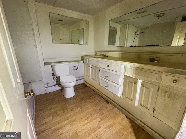 bathroom featuring a sink, double vanity, toilet, and wood finished floors