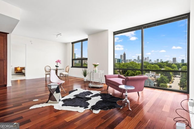 sitting room featuring floor to ceiling windows and dark hardwood / wood-style flooring