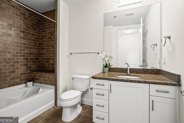 full bathroom with tile patterned floors, vanity, toilet, and washtub / shower combination