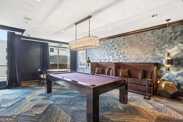 game room featuring carpet flooring, crown molding, and pool table