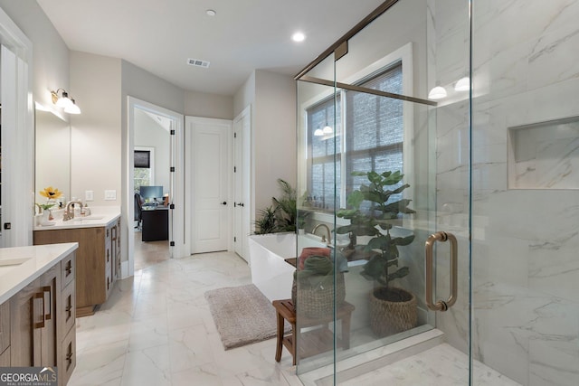 bathroom with vanity and plus walk in shower