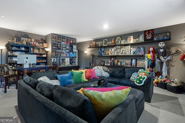 living room featuring light colored carpet