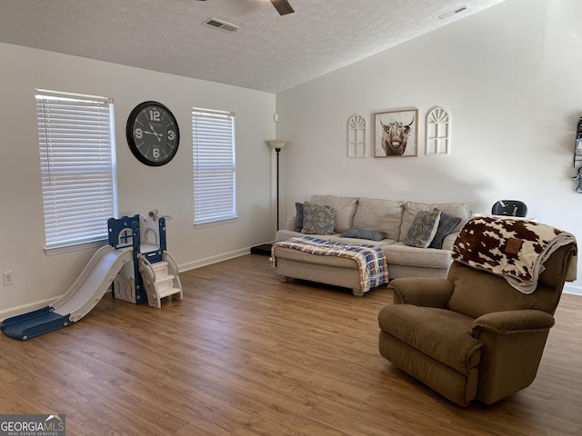 living room with hardwood / wood-style floors and a textured ceiling