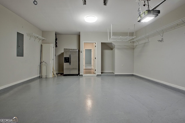 garage featuring stainless steel refrigerator with ice dispenser, electric panel, and a garage door opener