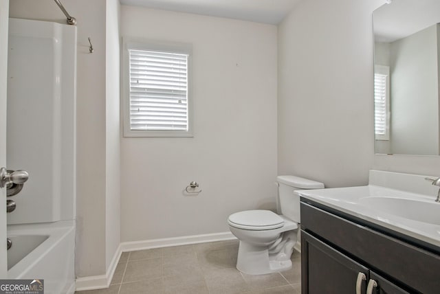 full bathroom with vanity,  shower combination, and toilet