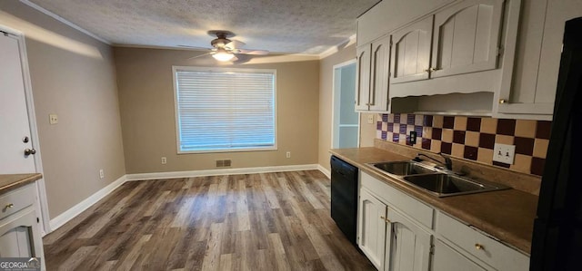 kitchen with a textured ceiling, decorative backsplash, white cabinets, and sink