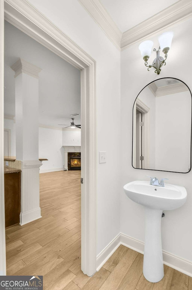 bathroom featuring crown molding, wood-type flooring, and ceiling fan with notable chandelier