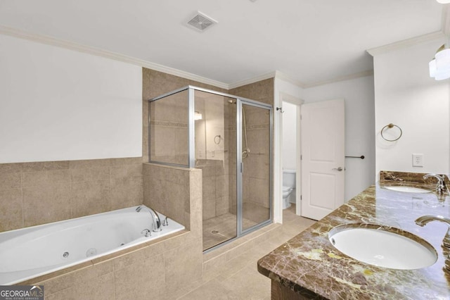 full bathroom with tile patterned floors, toilet, ornamental molding, and independent shower and bath