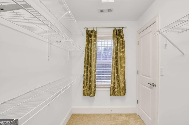 walk in closet with light carpet