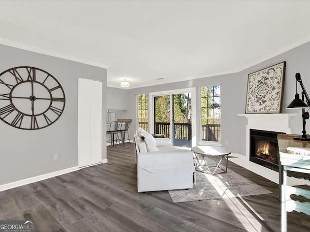 unfurnished living room featuring crown molding and dark wood-type flooring