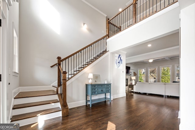 entryway featuring a high ceiling, crown molding, and dark hardwood / wood-style floors